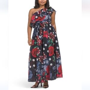 Dalia Macphee One Shoulder Floral Polka-dot Maxi Dress